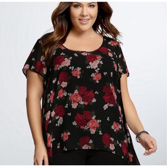 torrid Tops - Torrid Pullover Sheer Black with Floral Top Shark Bite Hem Size 3
